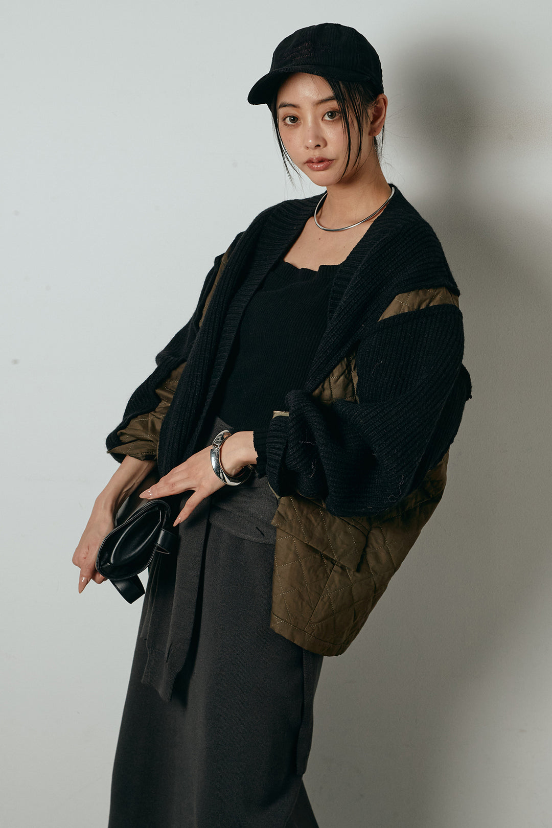 [SET]キルティング切り替えニットカーディガン+ウエストラップ巻きニットスカート(2set)