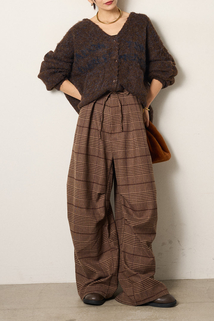 [SET]ウール混透かしロゴニットカーディガン+グレンチェックルーズタックパンツ(2set)
