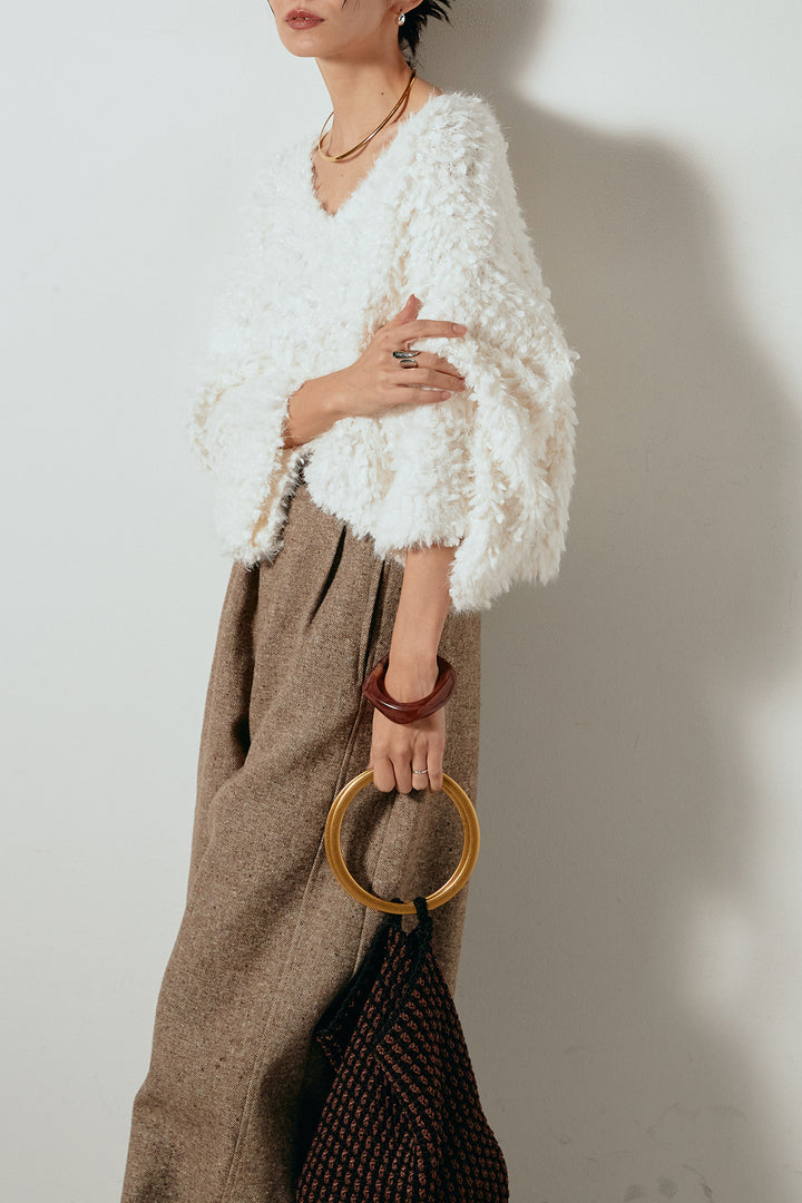 [SET]深Vネックチョウチョヤーンニットトップス+ベルト付きネップツイードカーブパンツ(2set)