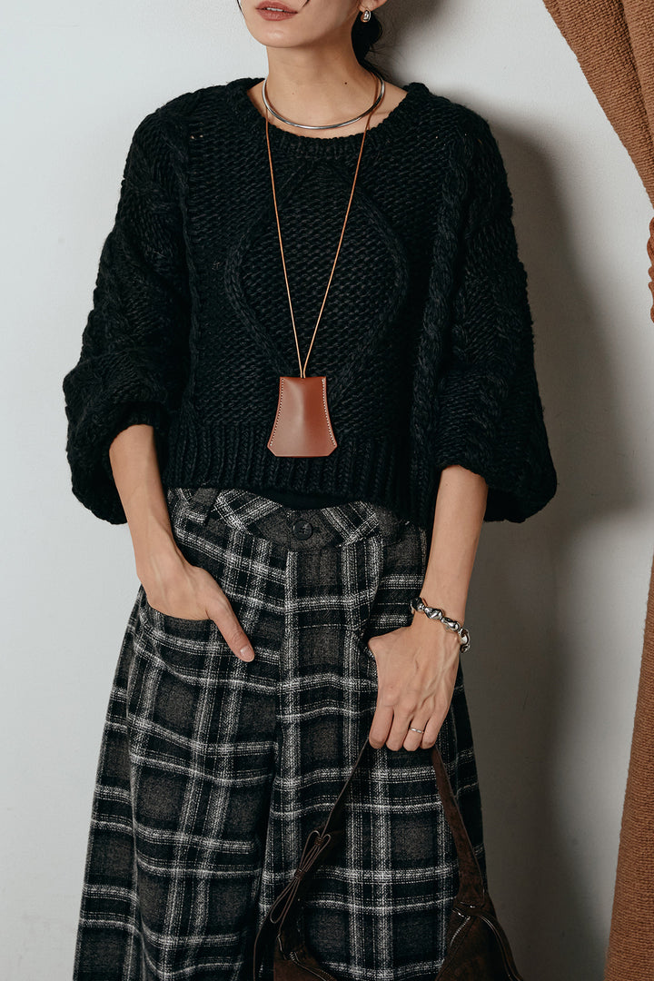 [SET]ロービングケーブルショート丈プルオーバー+ルーズタータンチェックワイドパンツ(2set)