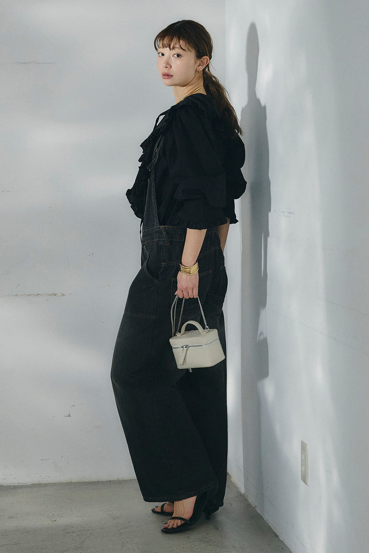 [SET]コットンフリルブラウス+デニムサロペットワイドパンツ(2set)