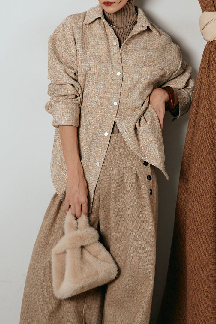 [SET]ルーズクラッシュツイルシャツ+サイドボタンツイードタックパンツ(2set)