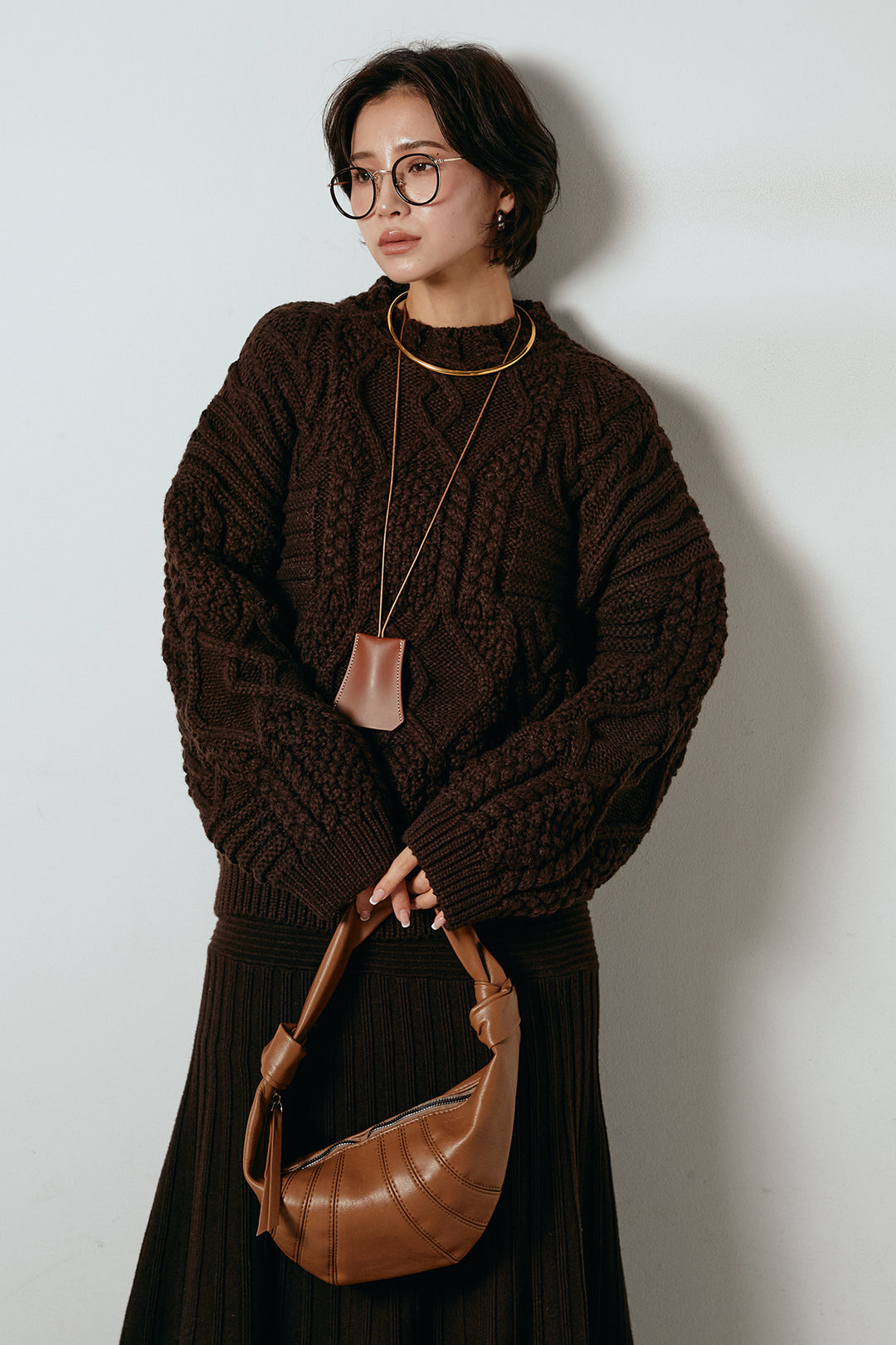 [SET]アラン柄ミックスケーブルニット+編み地切り替えフレアニットスカート(2set)