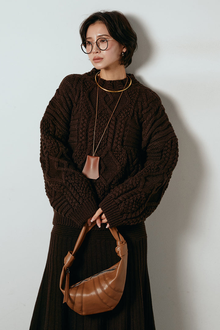 [SET]アラン柄ミックスケーブルニット+編み地切り替えフレアニットスカート(2set)