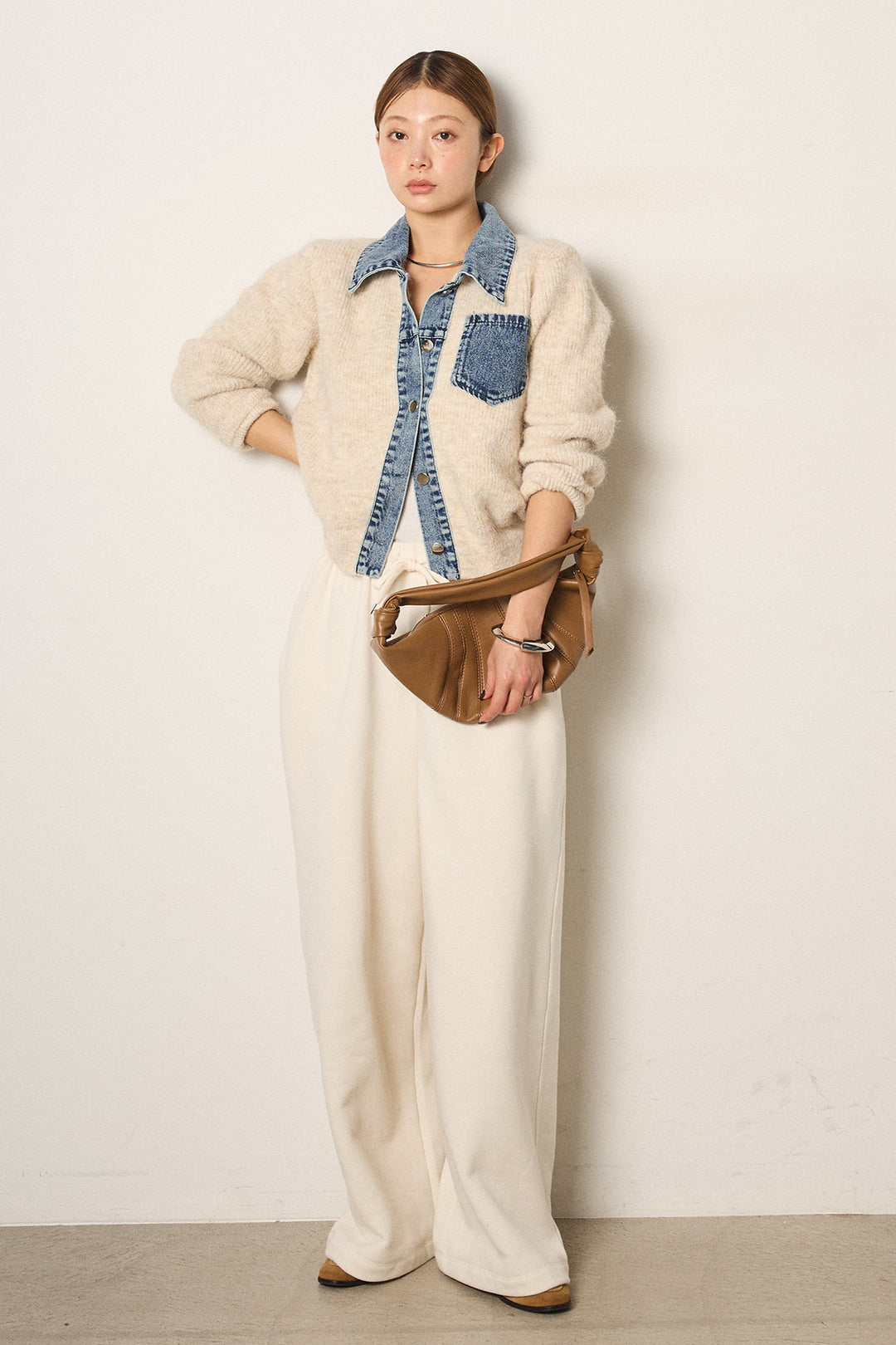 [SET]襟付きデニム切替ニットカーディガン+裏起毛スウェットワイドパンツ(2set)