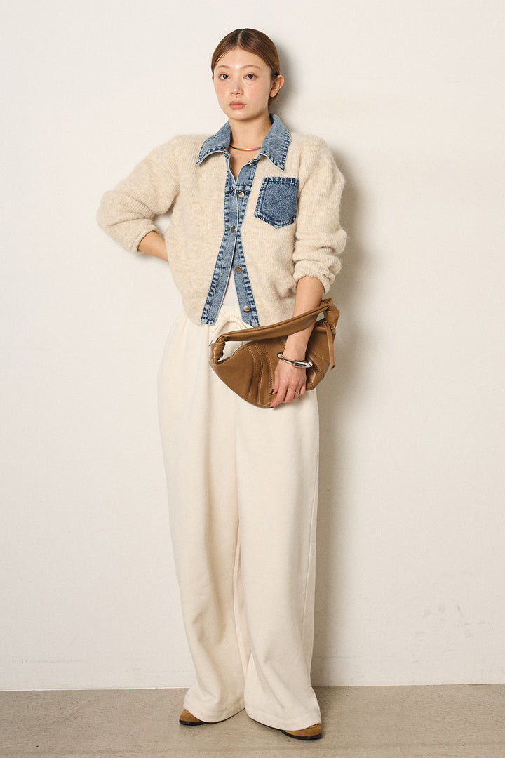 [SET]襟付きデニム切替ニットカーディガン+裏起毛スウェットワイドパンツ(2set)