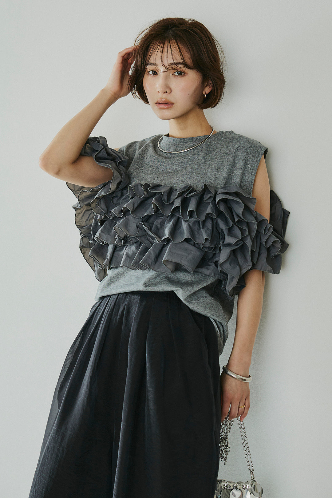 [SET]天竺ナイロンドッキングビスチェ風トップス+オーガンジータックパンツ(2set)