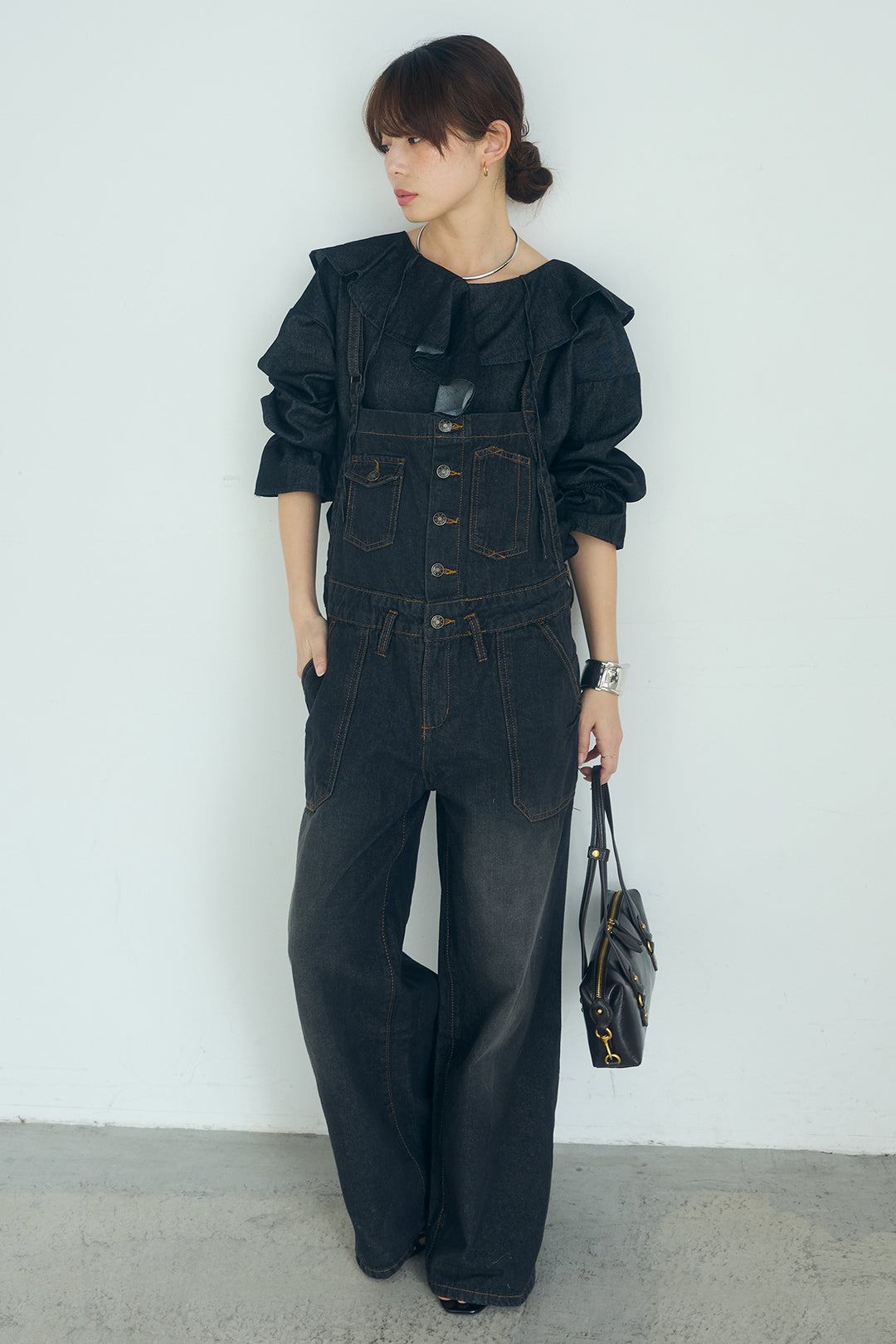[SET]デニムフリルブラウス+デニムサロペットワイドパンツ(2set)