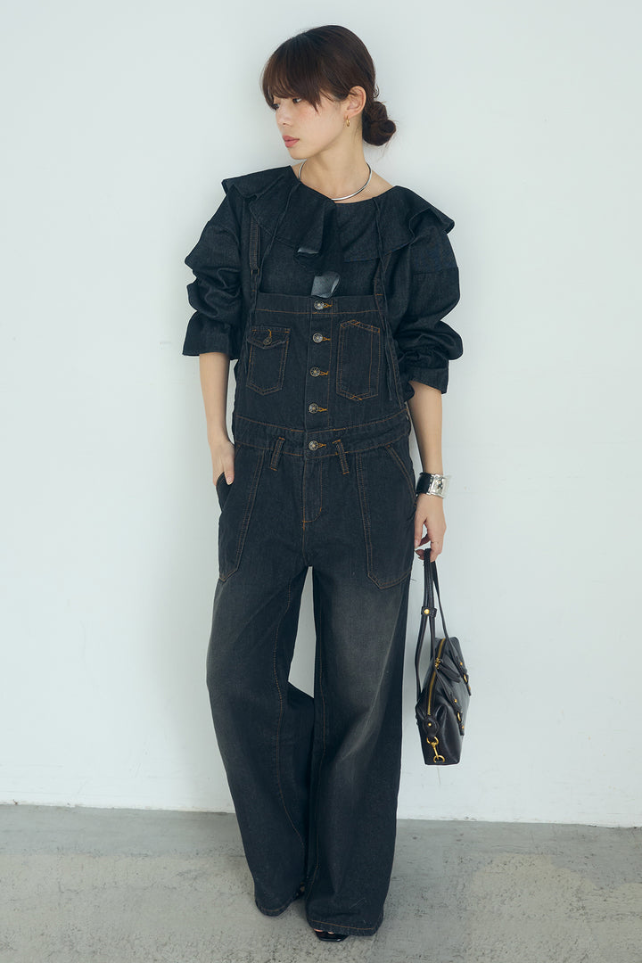 [SET]デニムフリルブラウス+デニムサロペットワイドパンツ(2set)