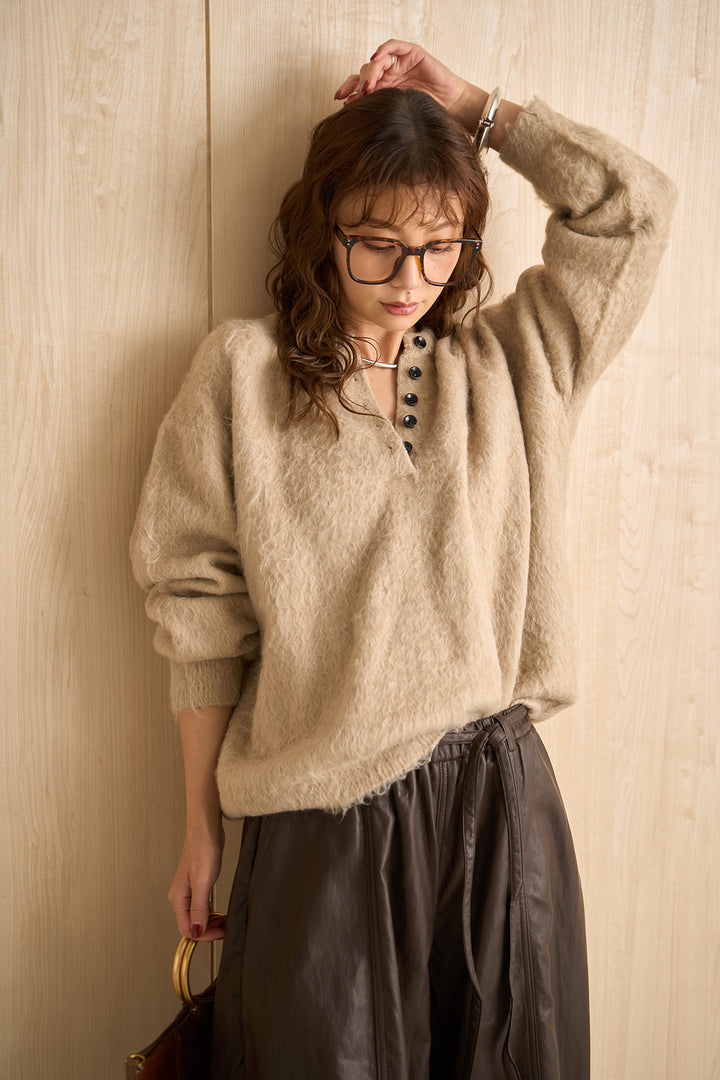 [SET]シャギーヘンリーオーバーニット+フェイクレザーカーブワイドパンツ(2set)