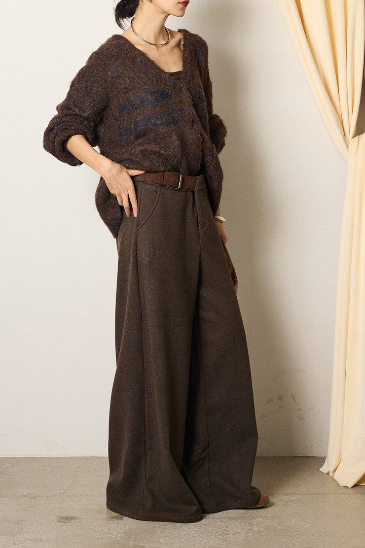 [SET]ウール混透かしロゴニットカーディガン+サイドベルトパンツ(2set)