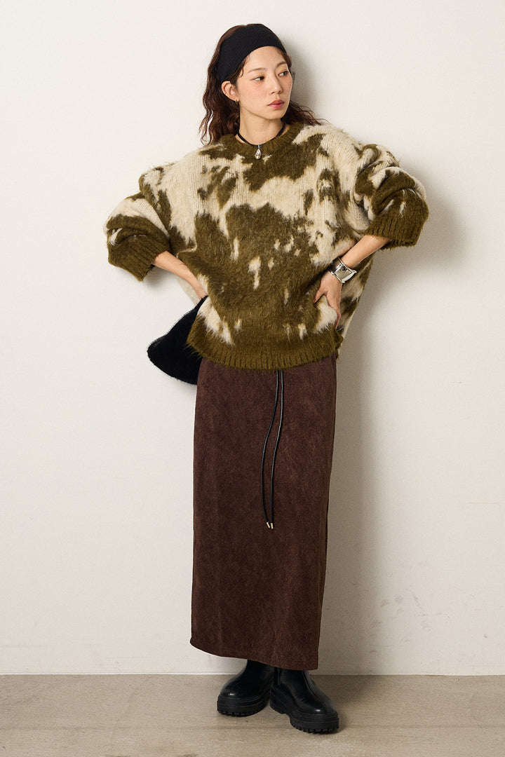 [SET]モヘアタッチマーブルニット+ロープベルト付きスウェード調スカート(2set)