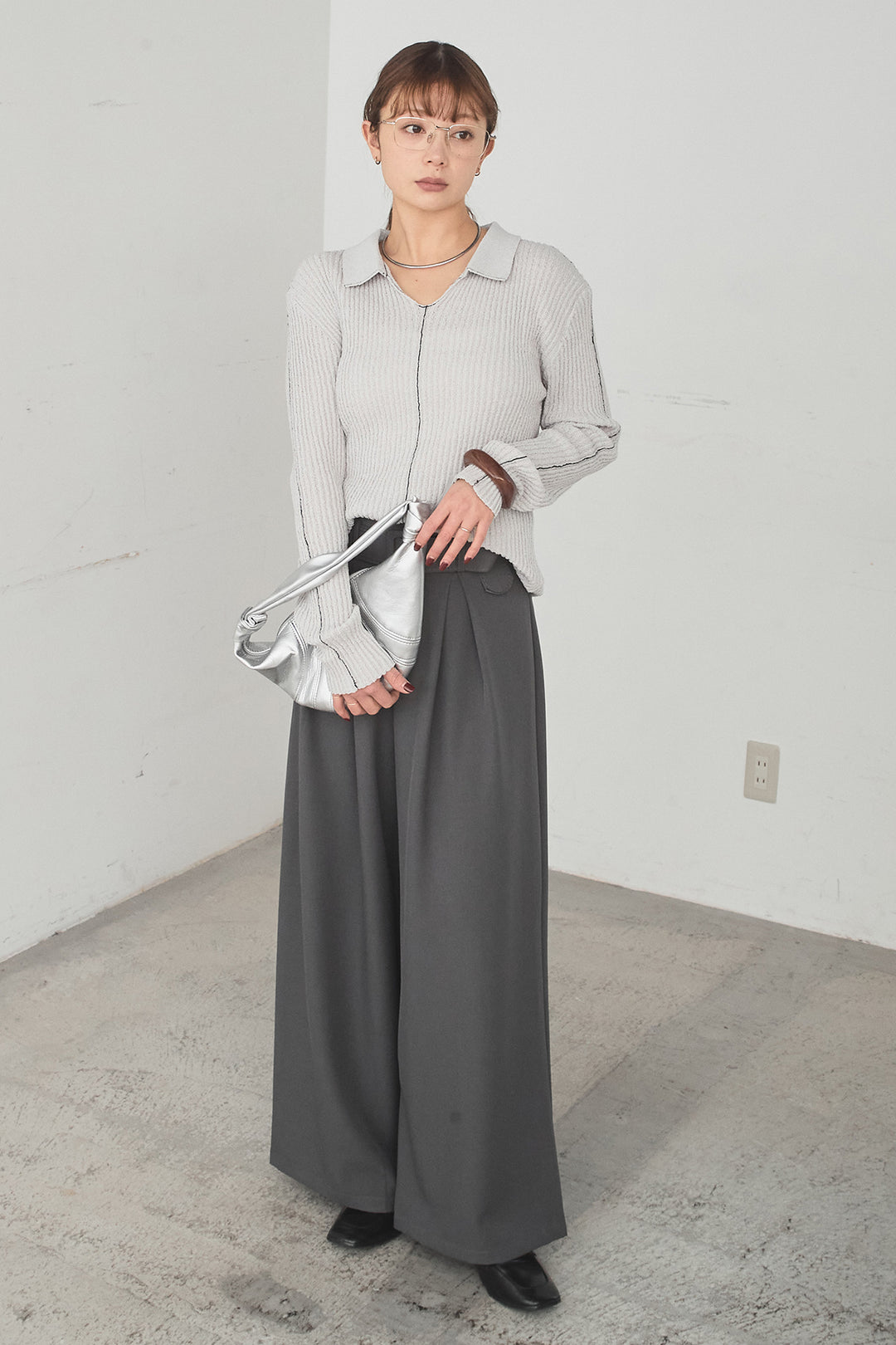 [SET]衿付きニットプルオーバー+ベルト付きツータックワイドパンツ(2set)