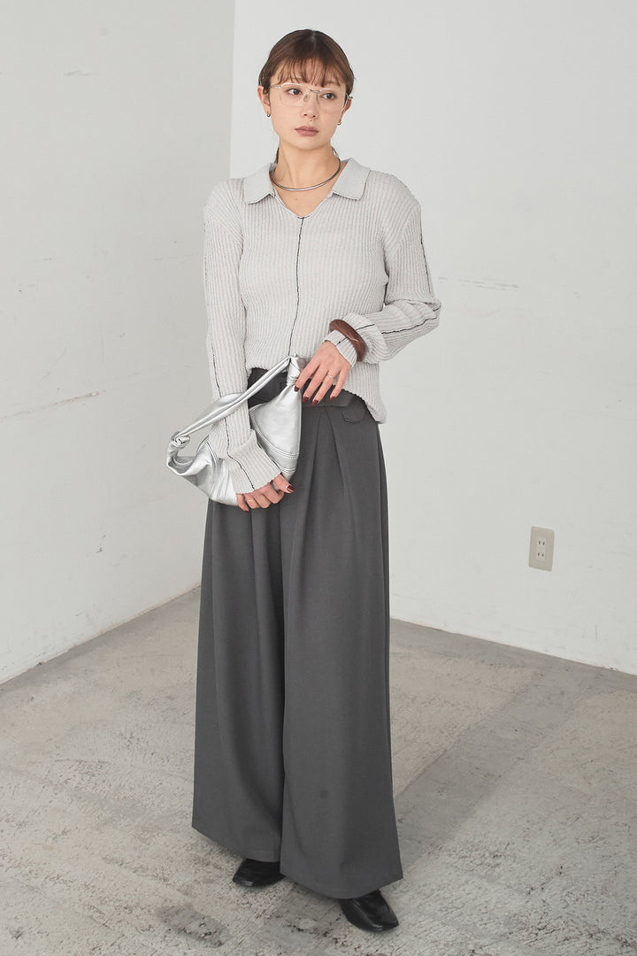 [SET]衿付きニットプルオーバー+ベルト付きツータックワイドパンツ(2set)