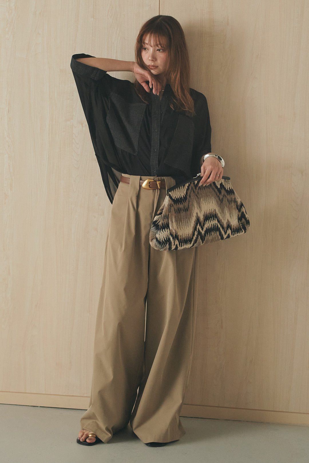 [SET]デニムライクビッグツーポケシアーシャツ+ベルトループデザインハイウエストタックパンツ(2set)