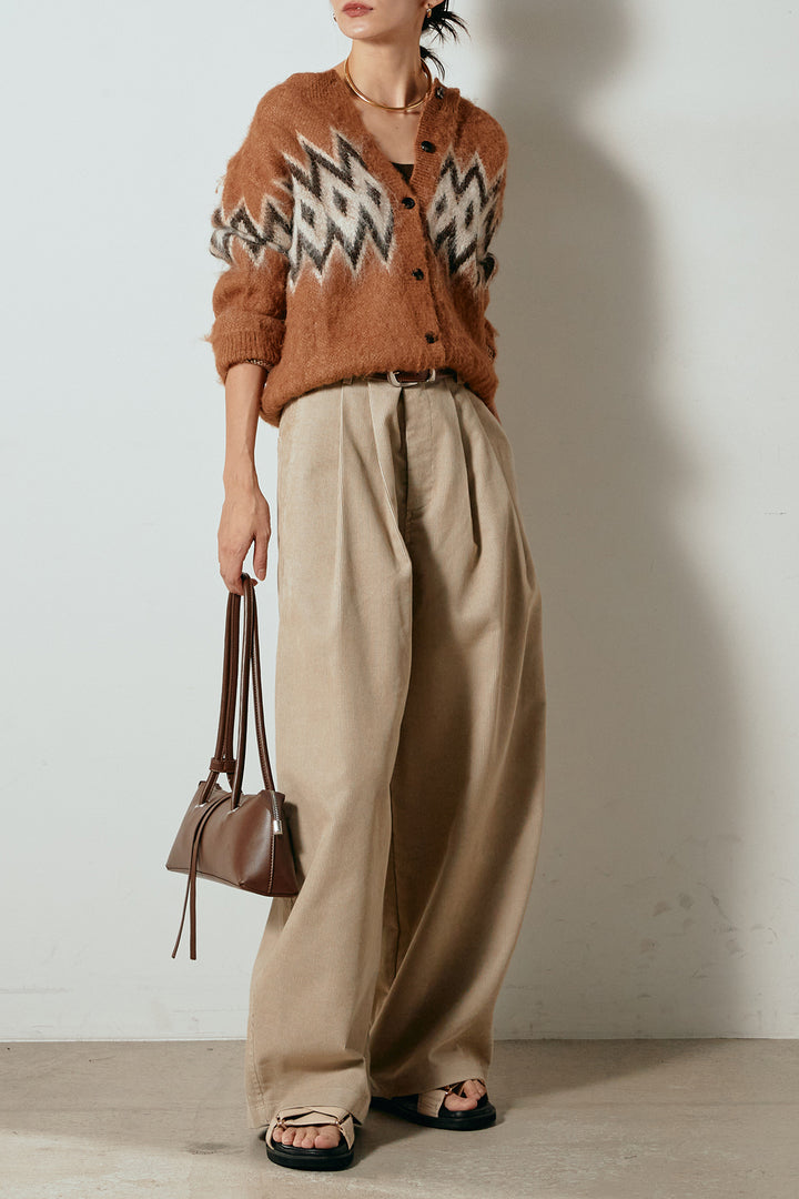 [SET]起毛ノルディック柄ニットカーディガン+フロントタック入りコーデュロイパンツ(2set)