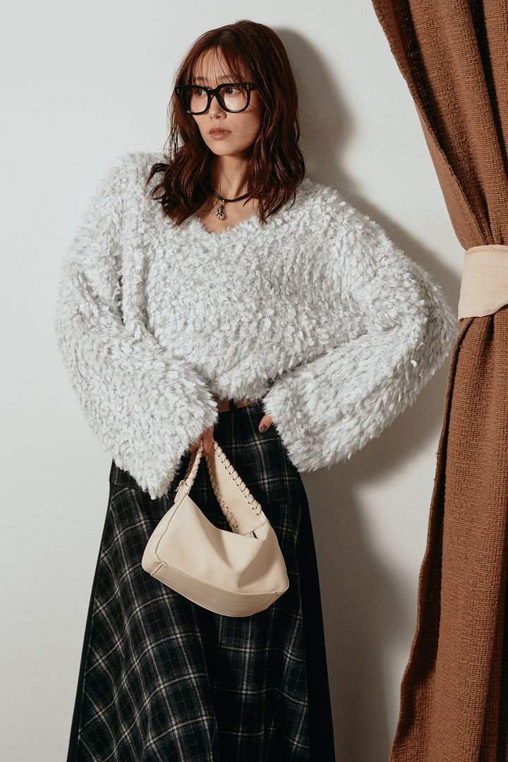 [SET]深Vネックチョウチョヤーンニットトップス+フェイクレザーベルト付き切り替えタータンチェックスカート(2set)