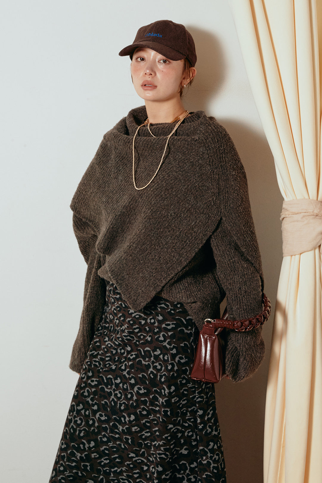 [SET]ケープデザインリブニットトップス+レオパードロングスカート(2set)