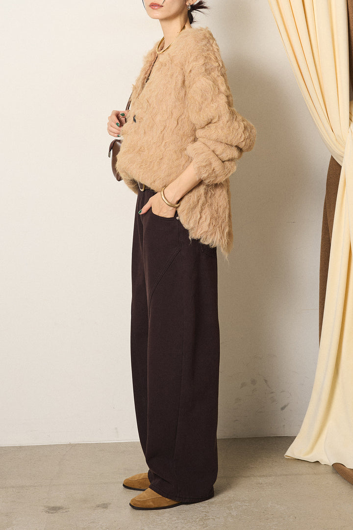 [SET]起毛シャギーニットカーディガン+ベルト付きカジュアルカーブワイドパンツ(2set)