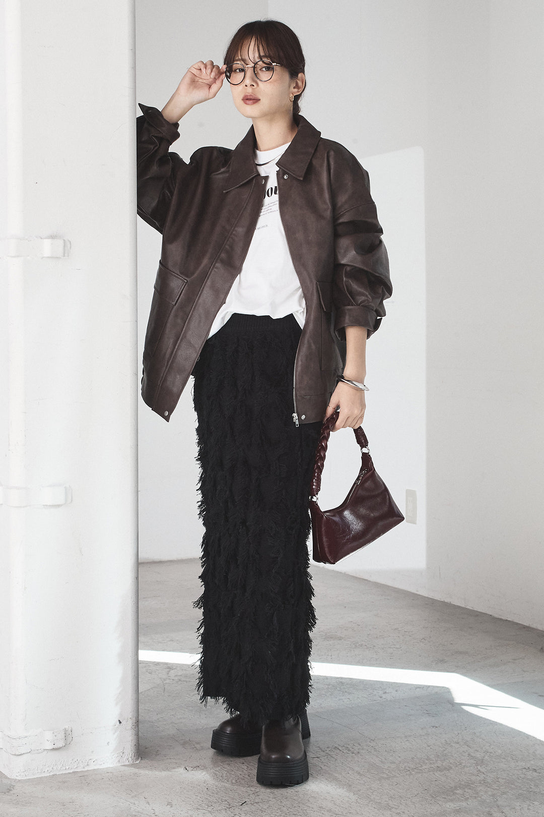 [SET]レザーライクオーバーサイズブルゾン+カットフリンジニットタイトスカート(2set)