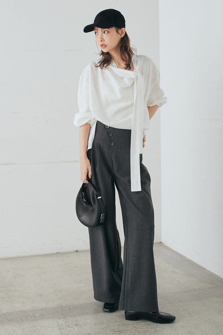 [SET]ニュアンスボータイブラウス+斜めボタンタック入りスラックス(2set)