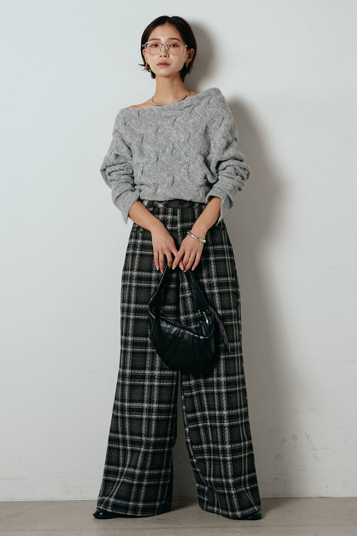 [SET]ボートネックニットトップス+ルーズタータンチェックワイドパンツ(2set)