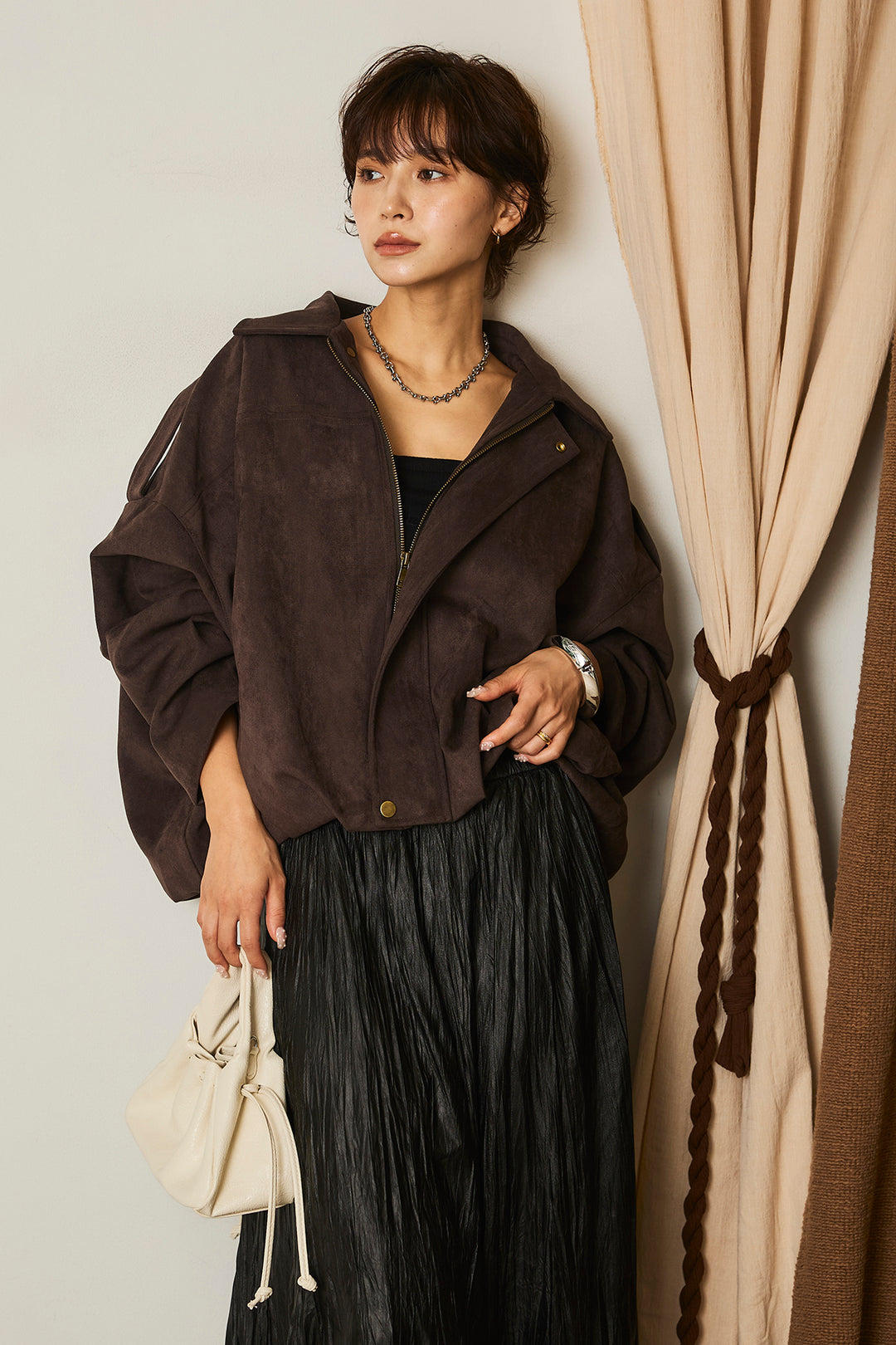 [SET]バルーンシルエットフェイクスエードブルゾン+ワッシャーサテンスカート(2set)