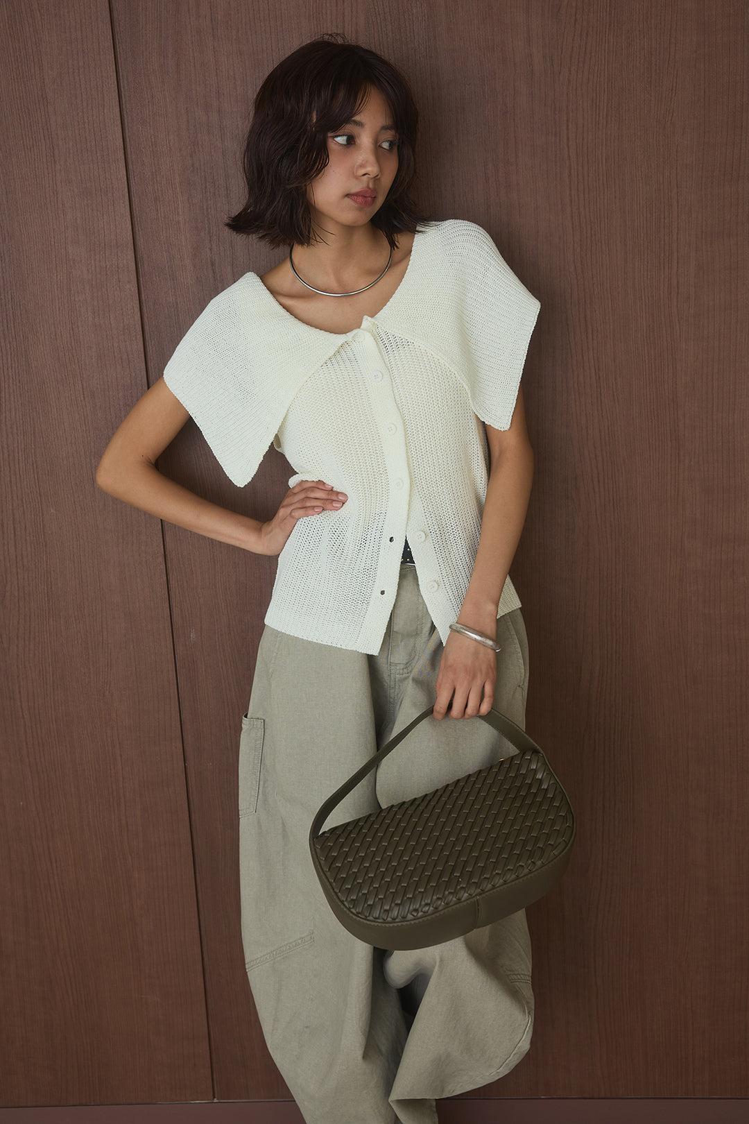 [SET]ビッグカラーボタンニットトップス+ベルト付きカラーデニムパンツ(2set)