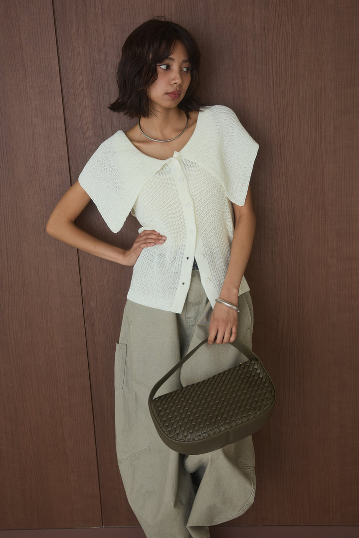 [SET]ビッグカラーボタンニットトップス+ベルト付きカラーデニムパンツ(2set)