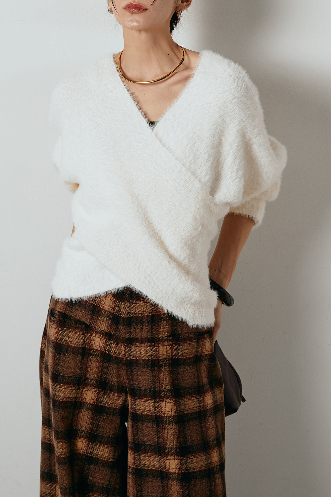 [SET]シャギーカシュクールニットトップス+ルーズタータンチェックワイドパンツ(2set)