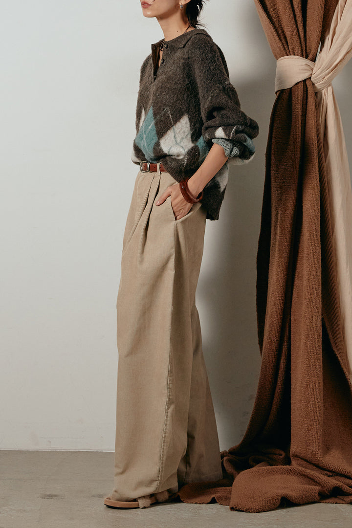 [SET]アーガイル柄ポロニットトップス+フロントタック入りコーデュロイパンツ(2set)