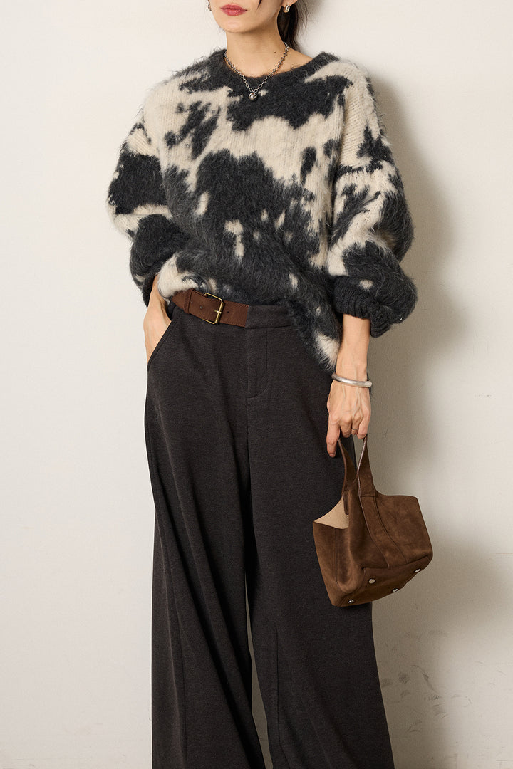 [SET]モヘアタッチマーブルニット+サイドベルトパンツ(2set)