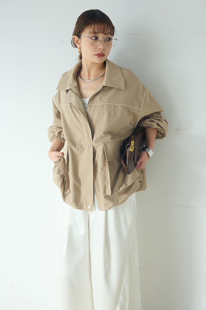 [SET]合繊ツイルバルーンジャケット+サテンレース切り替えタックパンツ(2set)