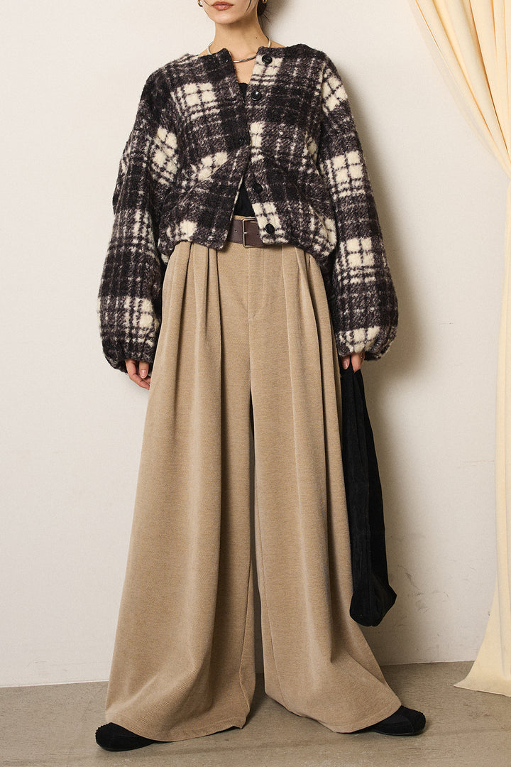 [SET]ノーカラーチェック柄ボアブルゾン+ベルトループコーデュロイワイドパンツ(2set)