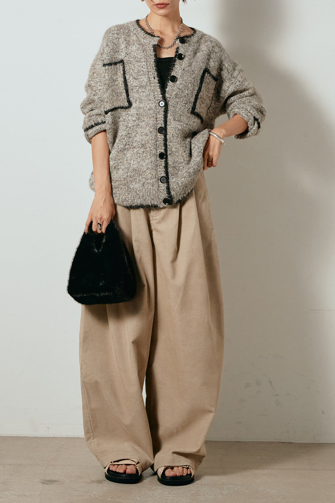 [SET]ミックスニットポケットカーディガン+フロントタック入りコーデュロイパンツ(2set)