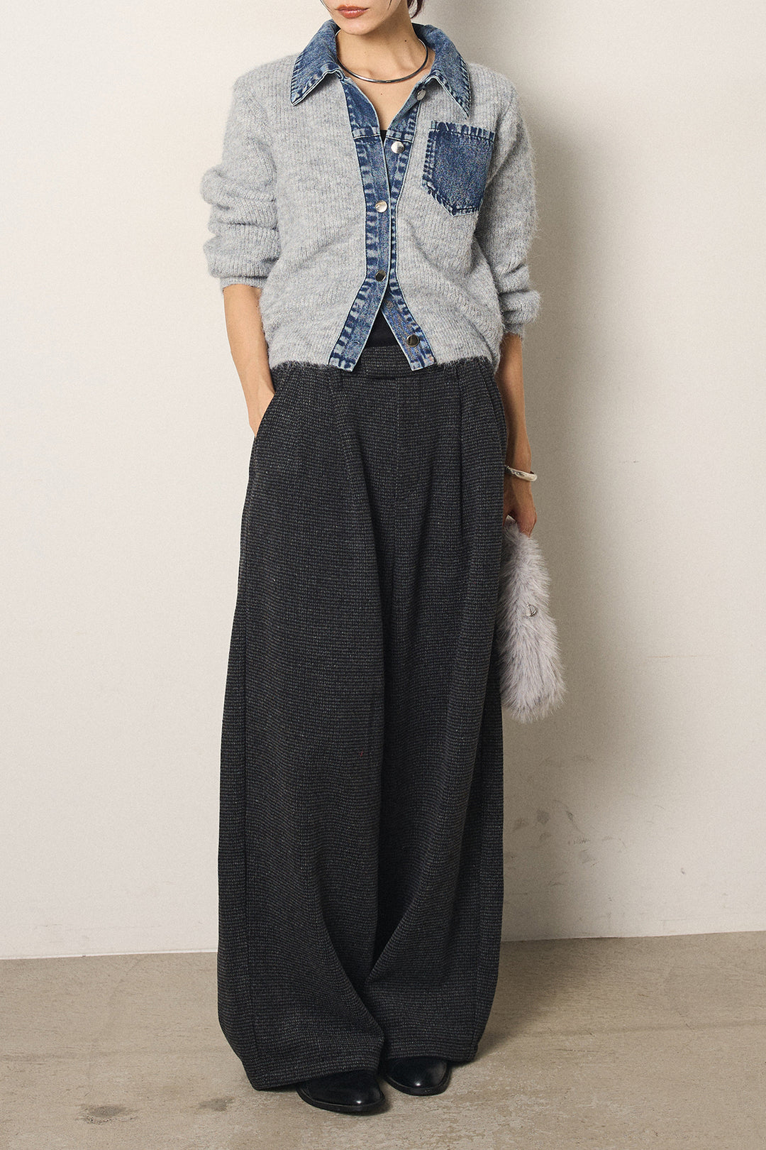 [SET]襟付きデニム切替ニットカーディガン+起毛タック入りツイードワイドパンツ(2set)