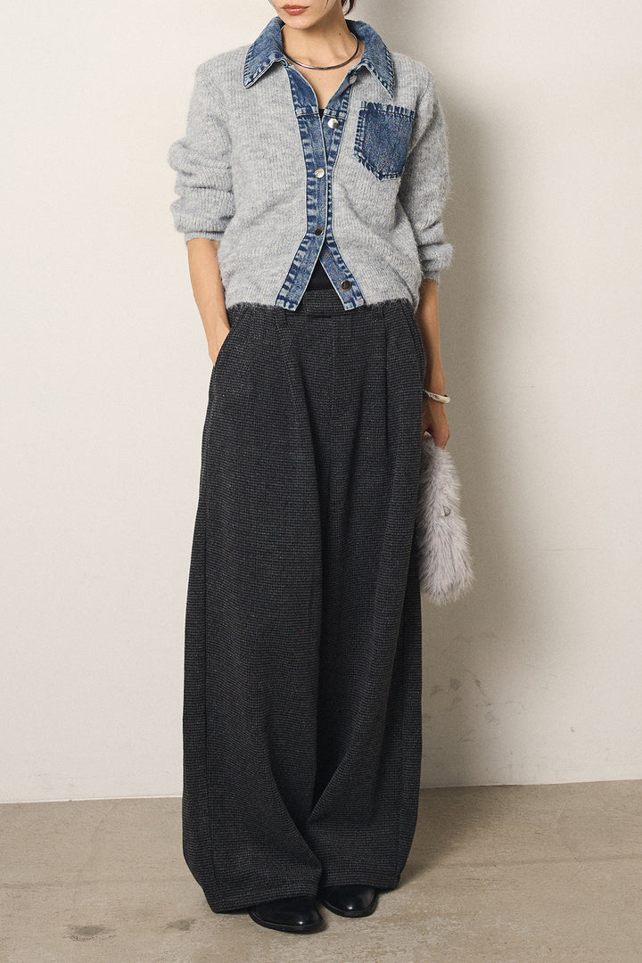 [SET]襟付きデニム切替ニットカーディガン+起毛タック入りツイードワイドパンツ(2set)