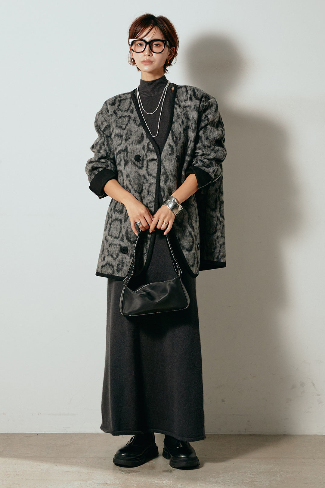 [SET]ノーカラーレオパード柄アウター+ノースリーブニットロングワンピース(2set)