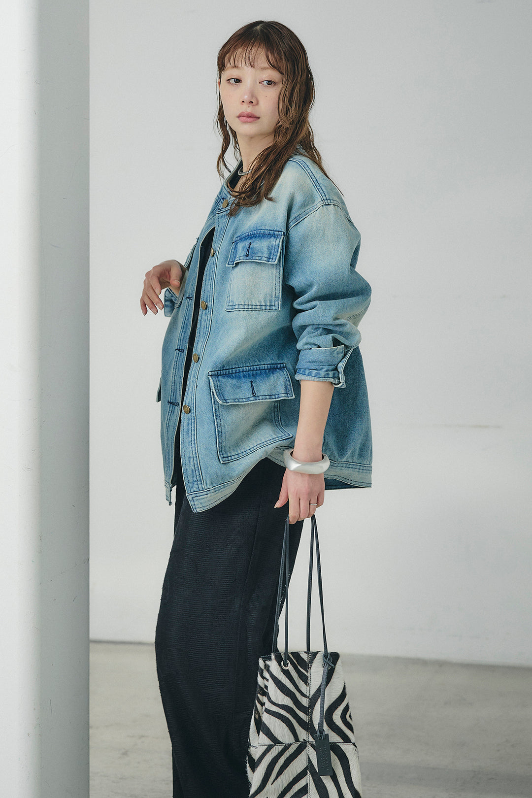 [SET]ノーカラーデニムポケットジャケット+レースサロペット(2set)