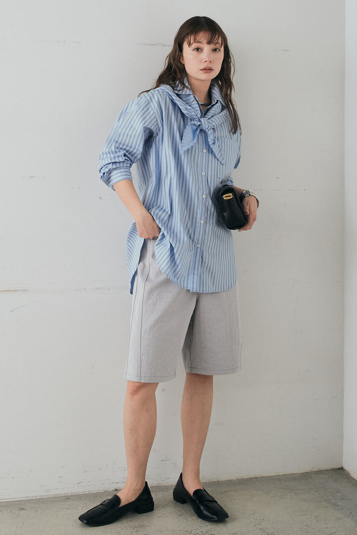 [SET]ランダムストライプスカーフ付きシャツ+デニムハーフパンツ(2set)