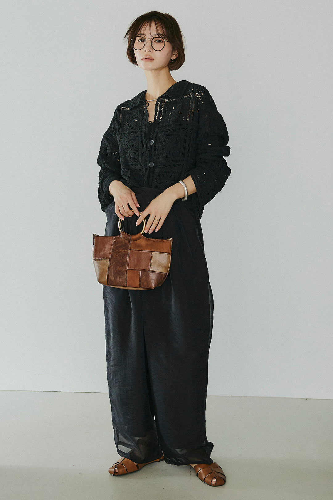 [SET]鍵編みフラワーレースカーディガン+オーガンジータックパンツ(2set)