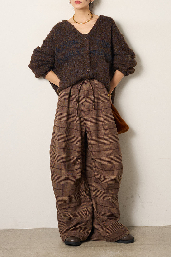 [SET]ウール混透かしロゴニットカーディガン+グレンチェックルーズタックパンツ(2set)