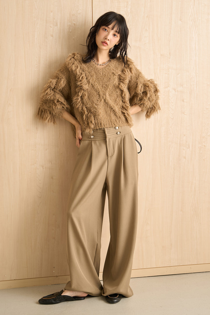 [SET]ランダムロングシャギーVネックニット+ナポレオンボタンデザインワイドパンツ(2set)