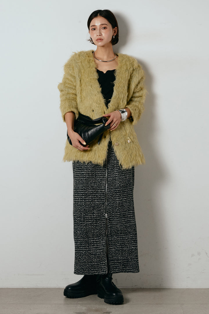 [SET]ウェーブシャギーニットジャケット+グレンチェック柄フロントジップタイトスカート(2set)