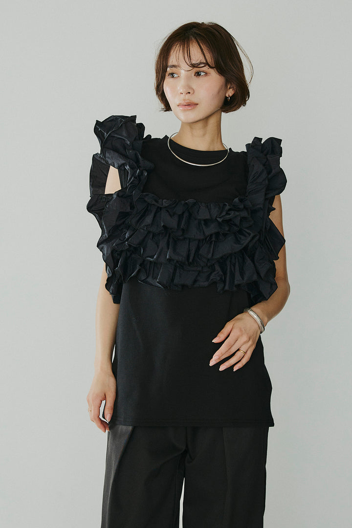 [SET]天竺ナイロンドッキングビスチェ風トップス+オーガンジータックパンツ(2set)