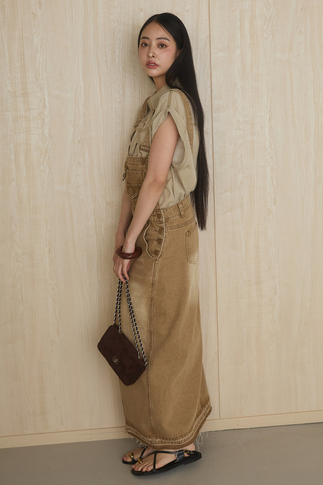 [SET]リヨセルデニムノースリシャツ+センタースリットデニムジャンスカ(2set)