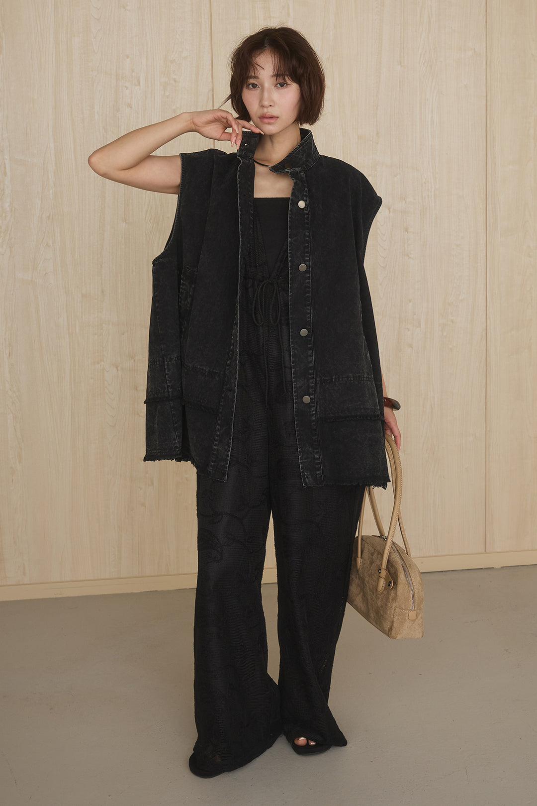 [SET]ケミカルデニムヘムカットオフジレ+レースサロペット(2set)