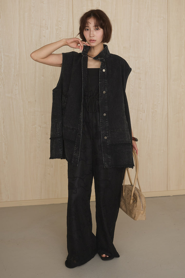 [SET]ケミカルデニムヘムカットオフジレ+レースサロペット(2set)