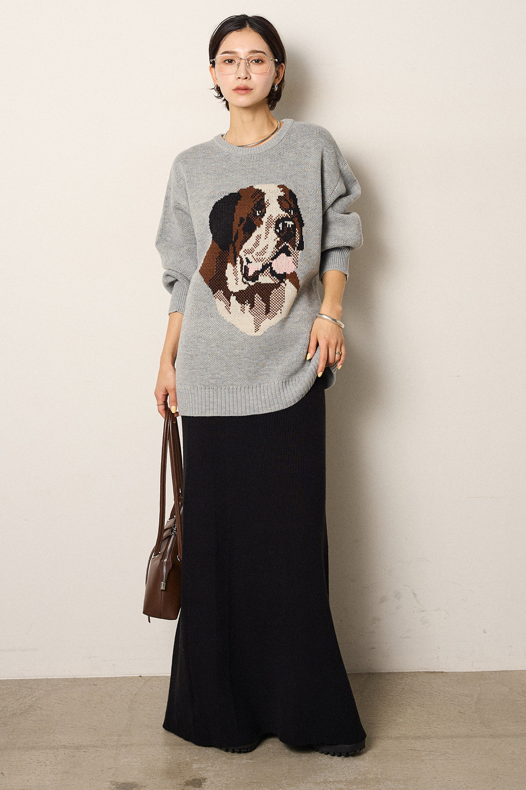 [SET]アニマルジャガード柄ニットトップス+リブナローニットスカート(2set)
