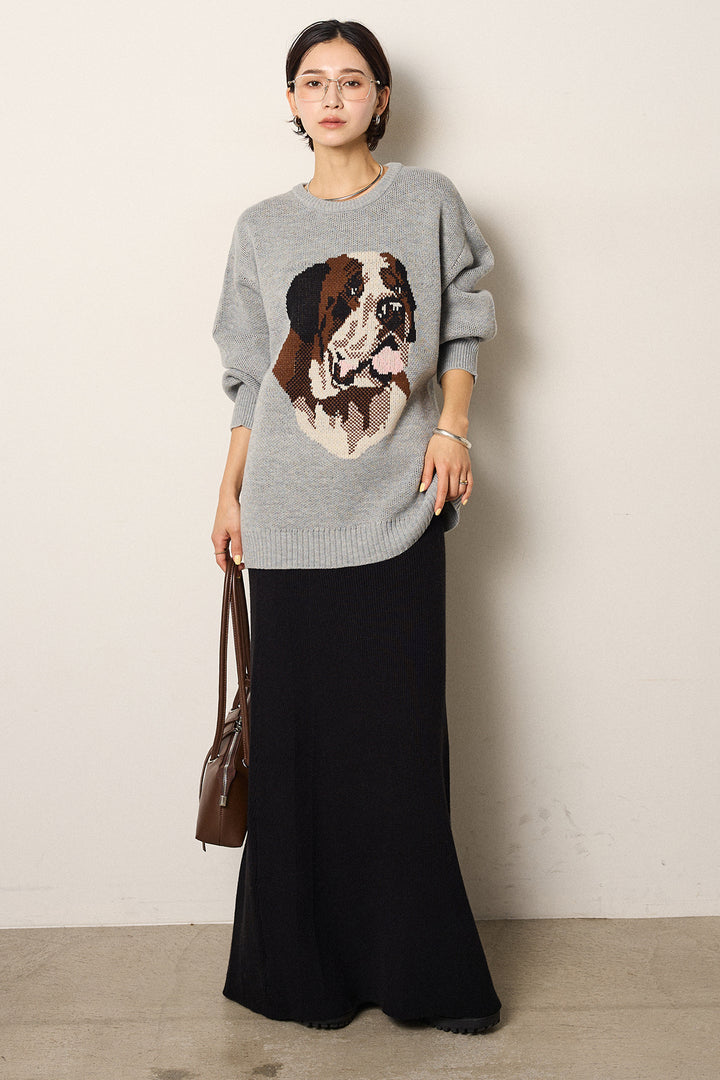 [SET]アニマルジャガード柄ニットトップス+リブナローニットスカート(2set)